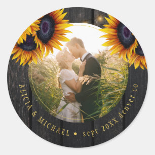 Rustic wedding photo personalized sunflowers wood classic round sticker