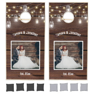 Rustic Wedding Photo Wood String Lights Cornhole Set