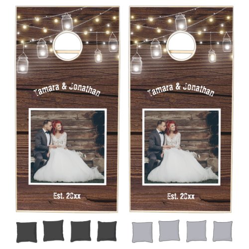 Rustic Wedding Photo Wood String Lights Cornhole Set