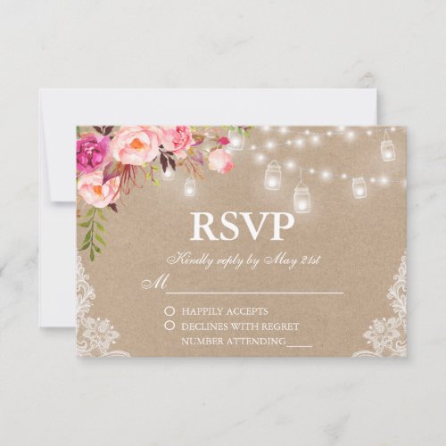 Rustic Wedding Pink Floral Lights Jars Kraft RSVP