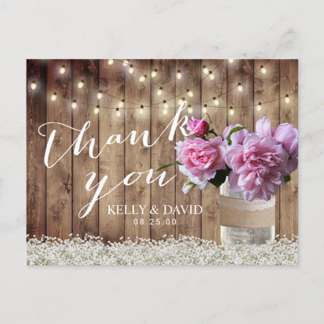 Rustic Wedding Pink Floral Mason Jar Thank You Postcard (Front)