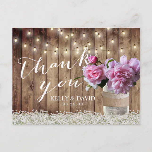 Rustic Wedding Pink Floral Mason Jar Thank You Postcard | Zazzle