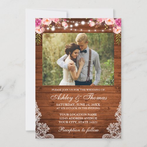 Rustic Wedding Pink Floral Wood Lights Lace Photo Invitation