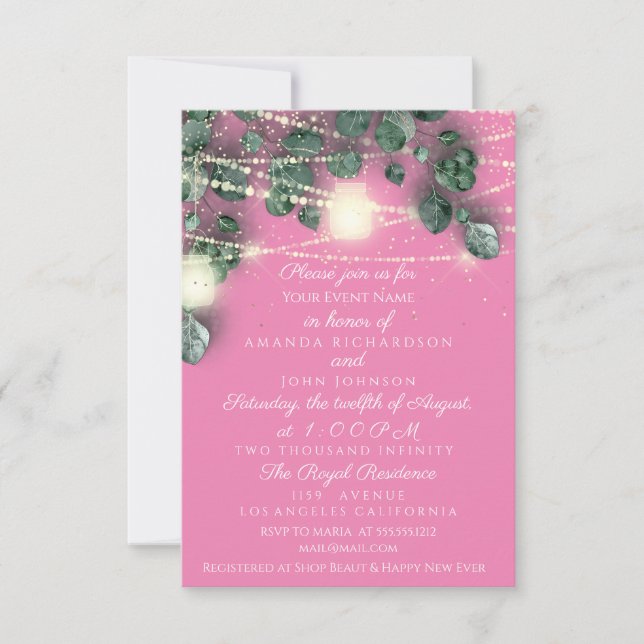 Rustic Wedding Pink Gold Confetti Jars Lights Invitation (Front)