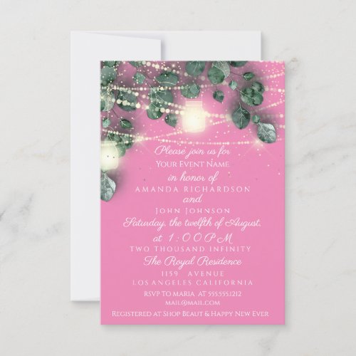 Rustic Wedding Pink Gold Confetti Jars Lights Invitation