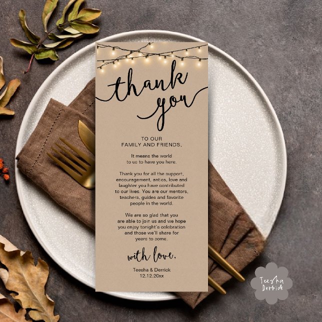 Rustic Wedding Place Setting Dinner Thank you Card (Rustic Wedding Place Setting Rehearsal Dinner Thank you Card in brown kraft string lights theme)