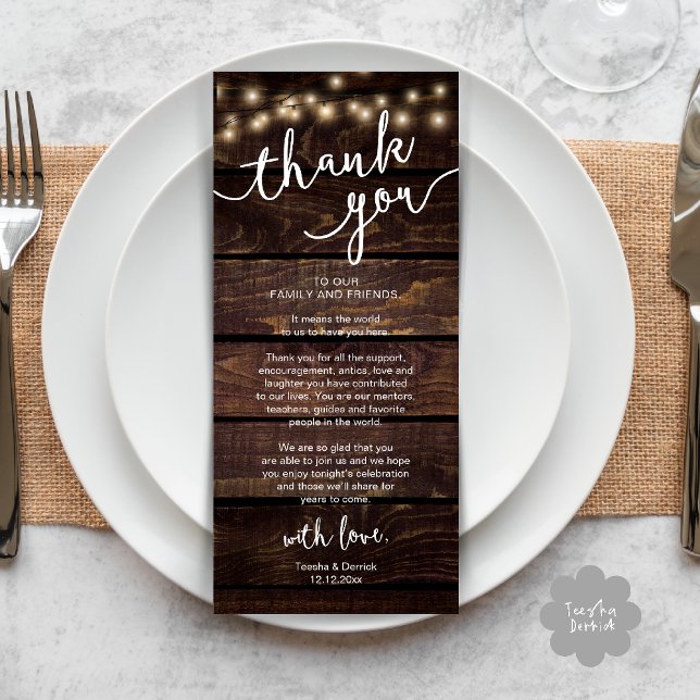 Rustic Wedding Place Setting Dinner Thank you Card (Rustic Wedding Place Setting Rehearsal Dinner Thank you Card in brown wood string lights theme)