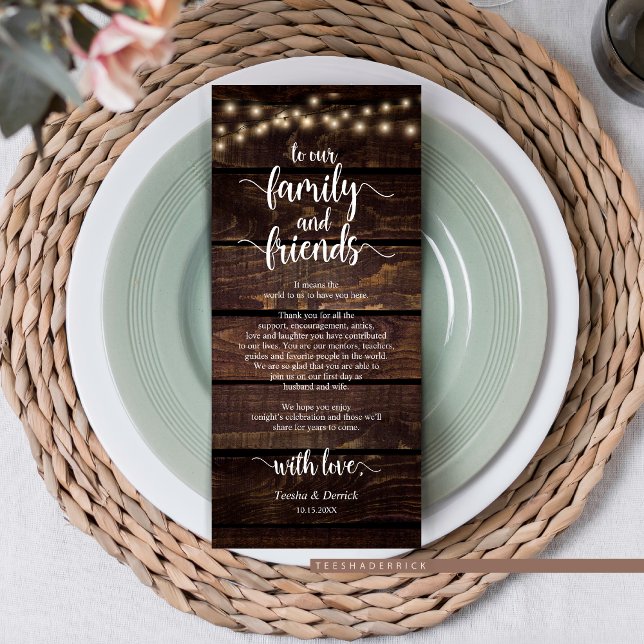 Rustic Wedding Place Setting Thank You Card (Rustic Wedding Dinner Guest Place Setting Thank You Card, in Dark Wood Cottage String Lights Design.)