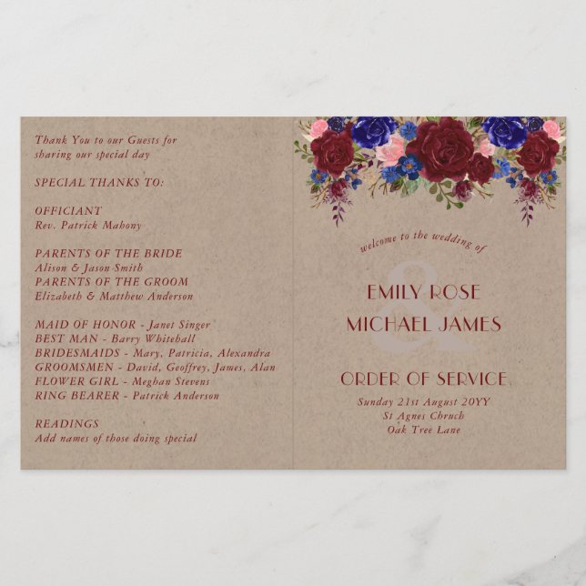 Rustic Wedding Program Burgundy Blue Roses (Front)