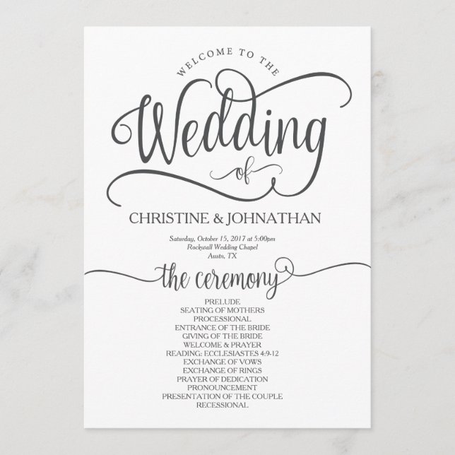 Rustic wedding program card 5x7 calligraphy design (Front)