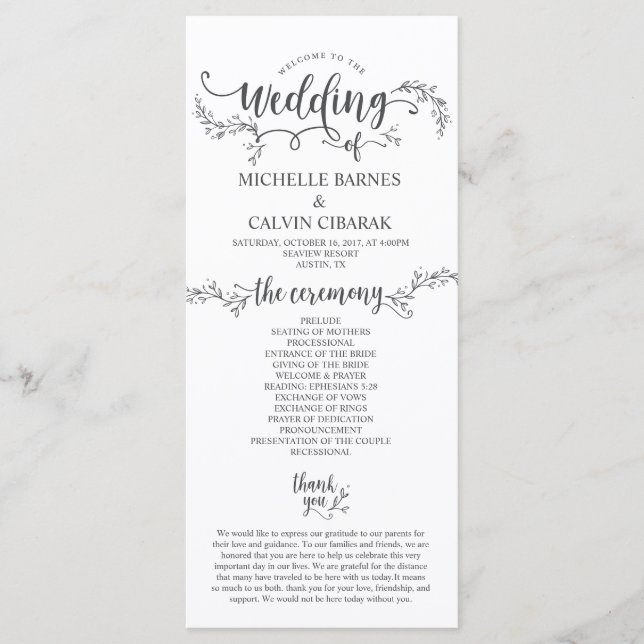 Rustic Wedding program card in calligraphy design (Front)