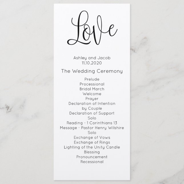 Rustic wedding program. Love. Kraft ceremony card (Front)