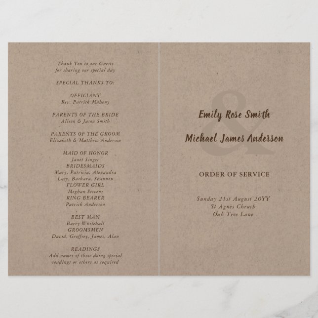 Rustic Wedding Program Order of Service kraft Look (Front)