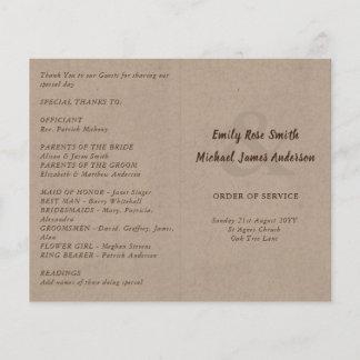 Rustic Wedding Program Order of Service Kraft Look