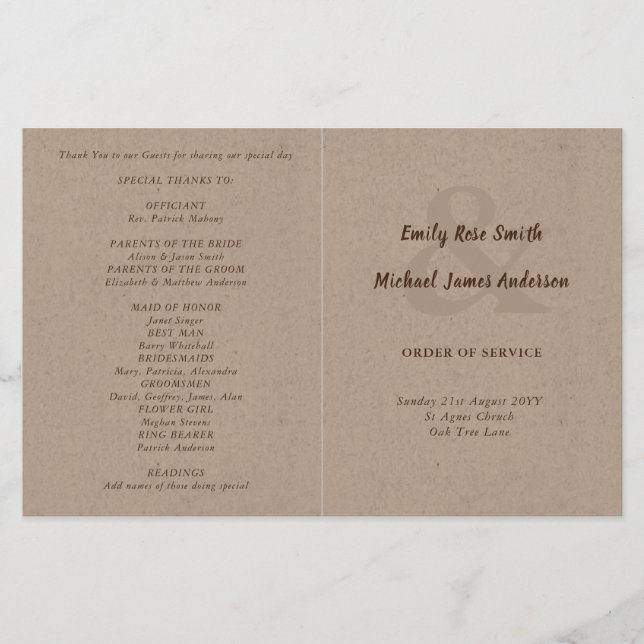 Rustic Wedding Program Order of Service Kraft Look (Front)