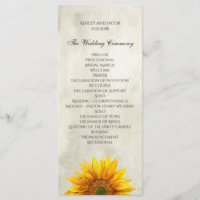 Rustic wedding program. Sunflower ceremony card (Front)