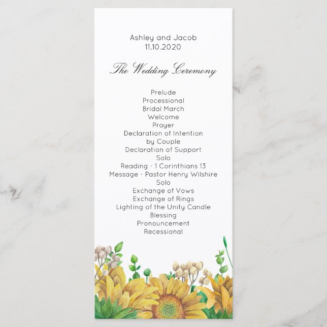 Rustic wedding program Sunflower Country ceremony (Front)