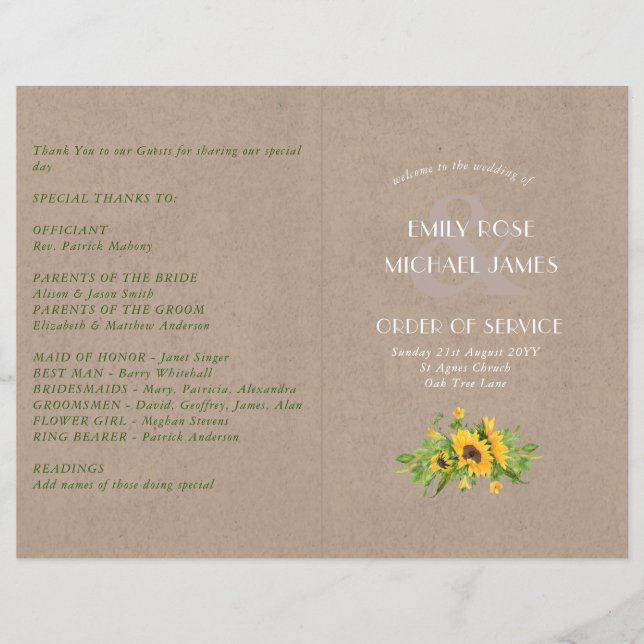 Rustic Wedding Program SUNFLOWERS Kraft Look (Front)