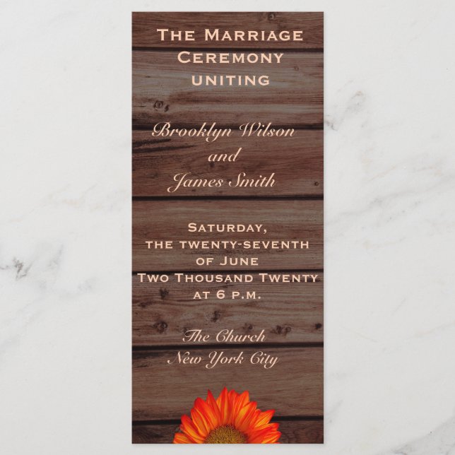 Rustic Wedding Programs With Sunflower (Front)