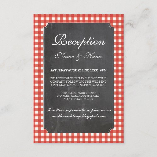 Rustic Wedding Reception Cards Red Check Chalk