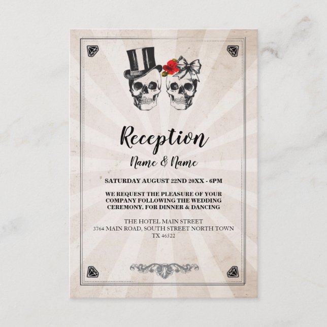 Rustic Wedding Reception Cards Skulls Red Rose (Front)