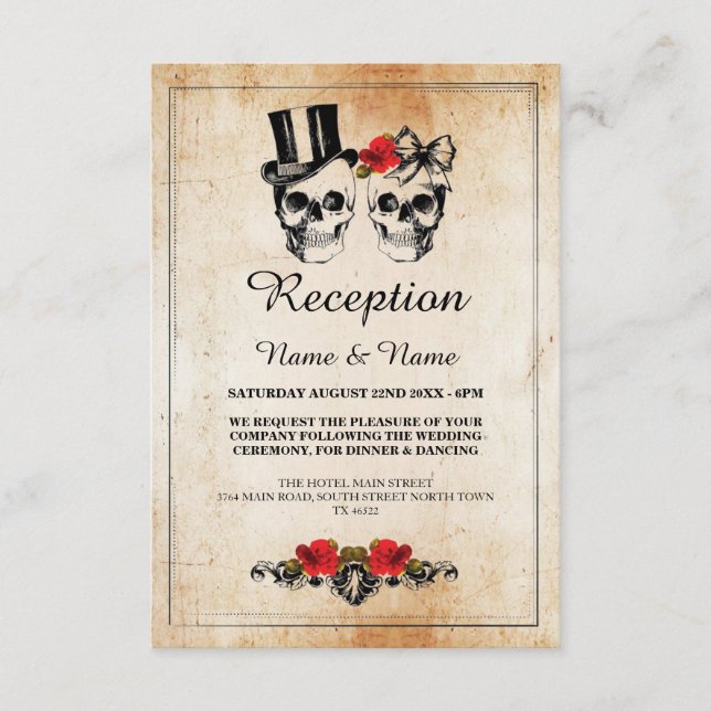 Rustic Wedding Reception Cards Skulls Rose (Front)