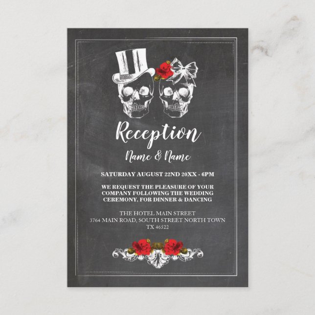 Rustic Wedding Reception Cards Skulls Rose Chalk (Front)