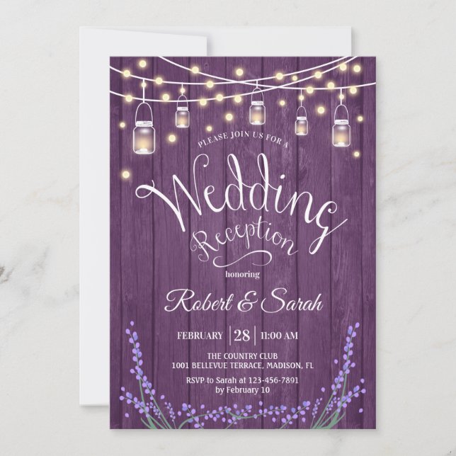 Rustic Wedding Reception - Lavender Purple Wood Invitation (Front)