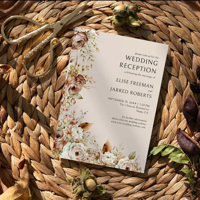 A wedding reception invite with a brown and green color scheme. It is lying on a wicker material.