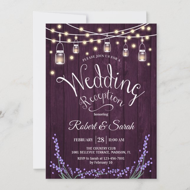 Rustic Wedding Reception - Purple Wood Lavender Invitation (Front)