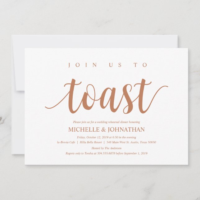 Rustic Wedding Rehearsal Dinner, Copper Color Invitation (Front)
