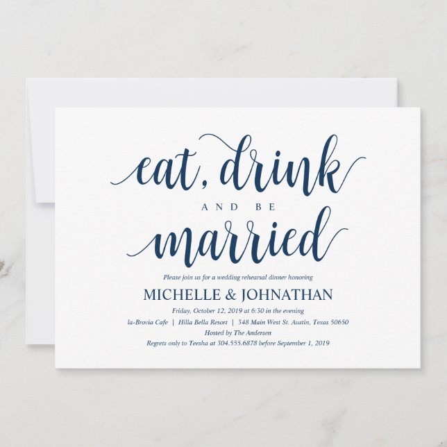 Rustic Wedding Rehearsal Dinner, Navy Blue Invitation (Front)
