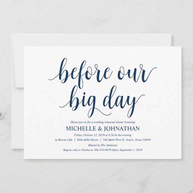 Rustic Wedding Rehearsal Dinner, Navy Blue Invitation (Front)
