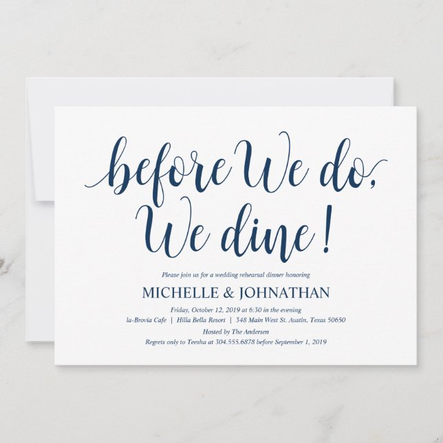 Rustic Wedding Rehearsal Dinner, Navy Blue Invitation (Front)