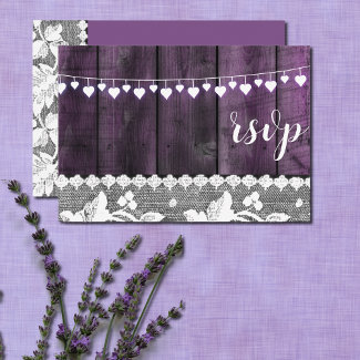 rustic wedding rsvp - wood, lace ,string hearts