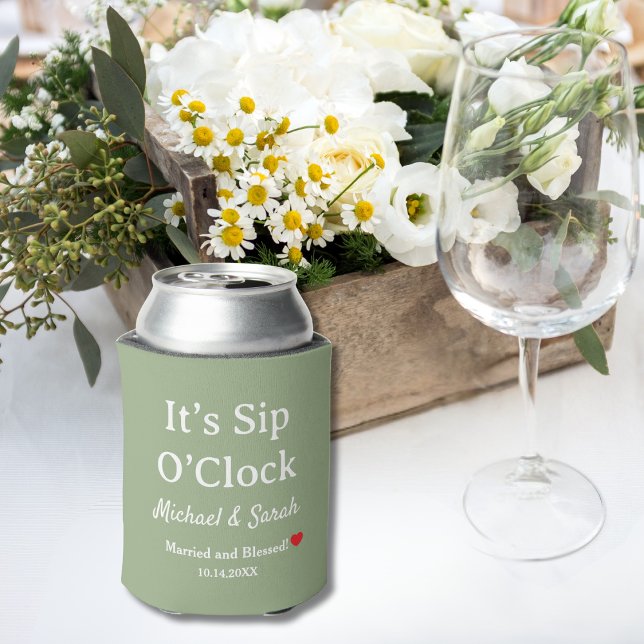 Rustic Wedding Sage Green It’s Sip O’Clock Custom Can Cooler (Creator Uploaded)