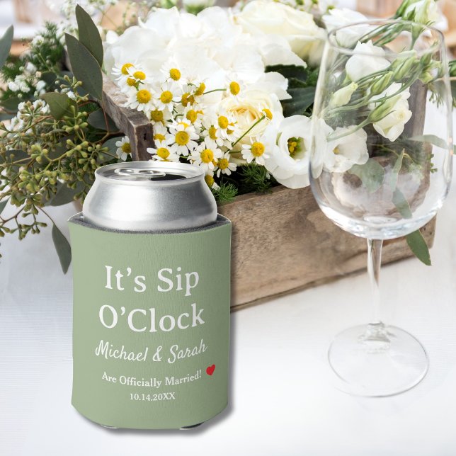 Rustic Wedding Sage Green It’s Sip O’Clock Custom Can Cooler (Creator Uploaded)