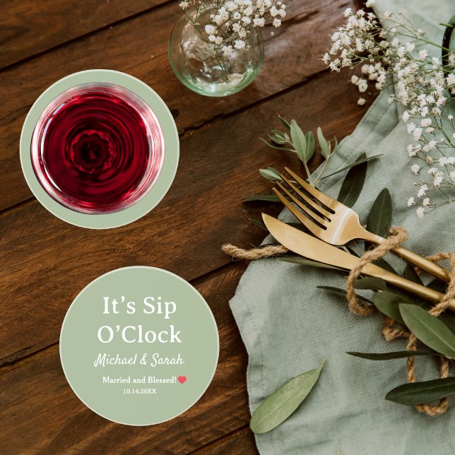 Rustic Wedding Sage Green It’s Sip O’Clock Custom Coaster (Creator Uploaded)