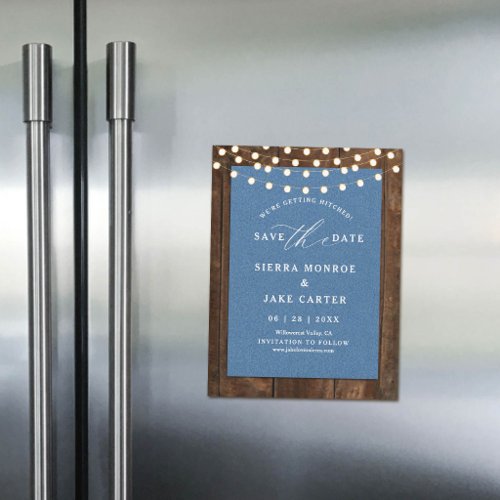 Rustic Wedding Save Date Wood Lights Denim Magnet