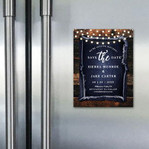 Rustic Wedding Save Date Wood Lights Denim Magnet