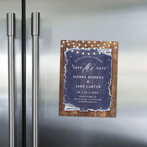 Rustic Wedding Save Date Wood Ripped Denim Magnet
