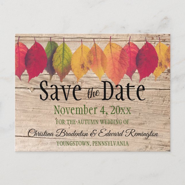 Rustic Wedding Save The Date Autumn Leaves Announcement Postcard (Front)