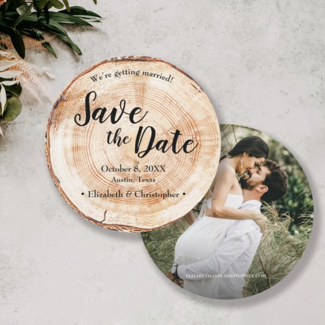 Rustic Wedding Save the date photo Wood Grain Invitation (Best selling rustic wood cut slice round wedding save the date photo cards.)