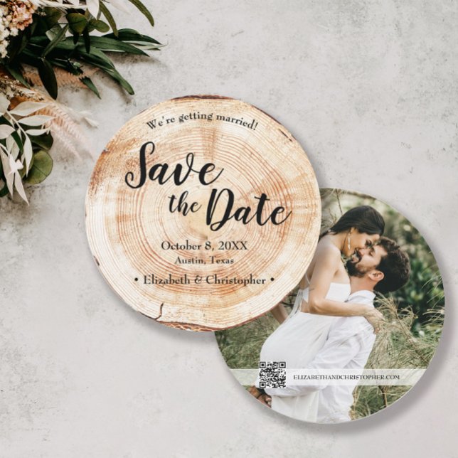 Rustic Wedding Save the date photo Wood Grain Invitation (Rustic wedding unique photo save the date card with QR code to website.)