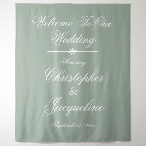 Rustic Wedding Script Names Sage Green Backdrop