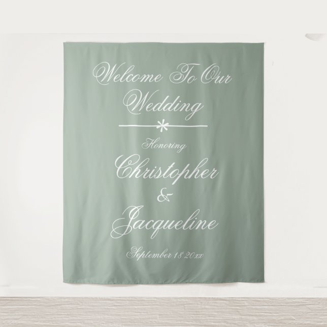 Rustic Wedding Script Names Sage Green Backdrop (Front)