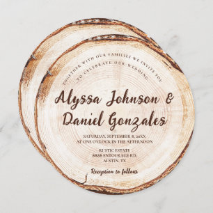 Rustic Wedding Script names Wood Cut slice disc Invitation