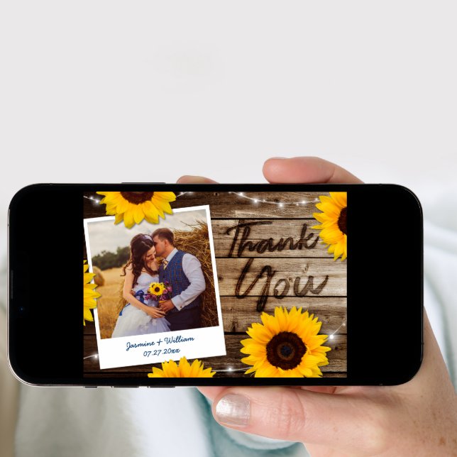 Rustic Wedding Script Sunflower Thank You Cards (Front Digital)