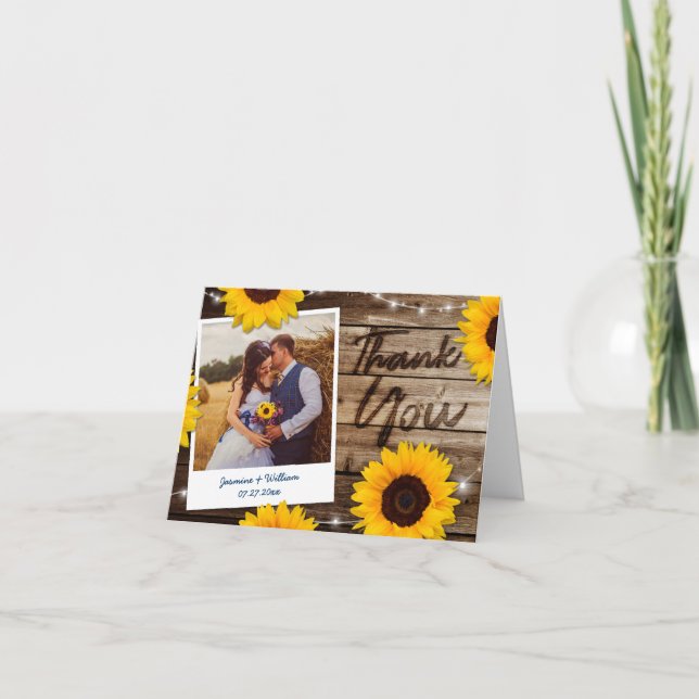 Rustic Wedding Script Sunflower Thank You Cards (Front)