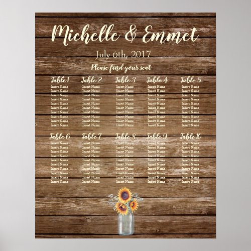 Rustic Wedding Seating Chart Rustic Sunflower Poster